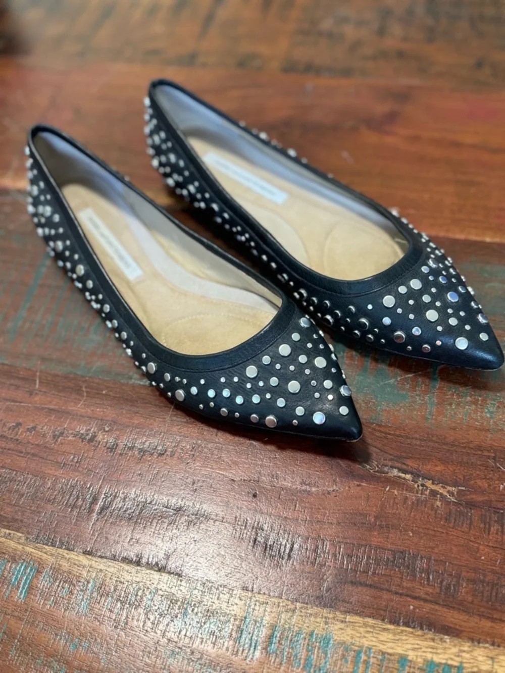 Diane Von Furstenberg Alina Silver Studded Pumps Pointed Toe Size 9 1/2